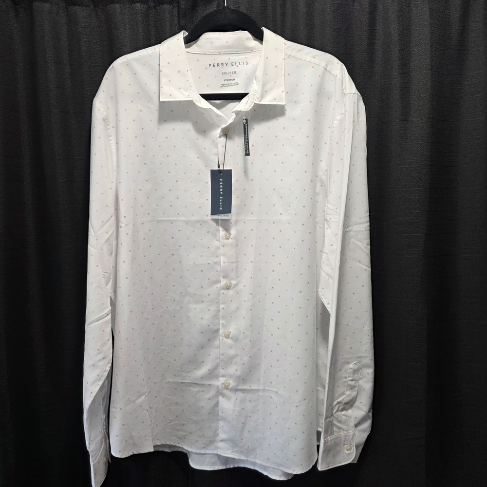 Perry Ellis Mens XXL White Peach Geometric Print Stretch Button Down Shirt NWT*
